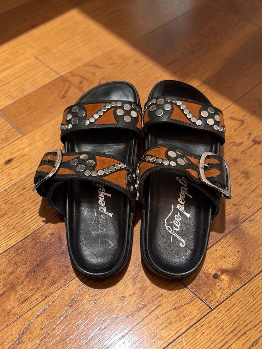 Free People Revelry Studded Slide Sandals Black Brown Sz 7